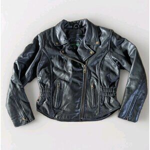 Danilo Italy Womens Leather Motorcycle Jacket L Black Braided Trim Zip-Out Liner